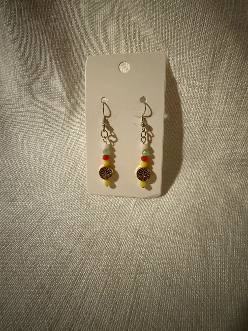 Gold Tree of Life Dangle Earrings with Yellow, Red & Green Beads - Picture 2 of 2